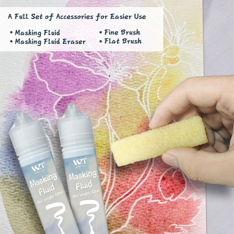 WAN2TLK 2Pcs Masking Fluid for Watercolor Painting with a Paintbrush and Eraser - Art Masking Fluid Pen Watercolor Medium Art Supplies for Artists - 60ml Blue+60ml White - Image 3